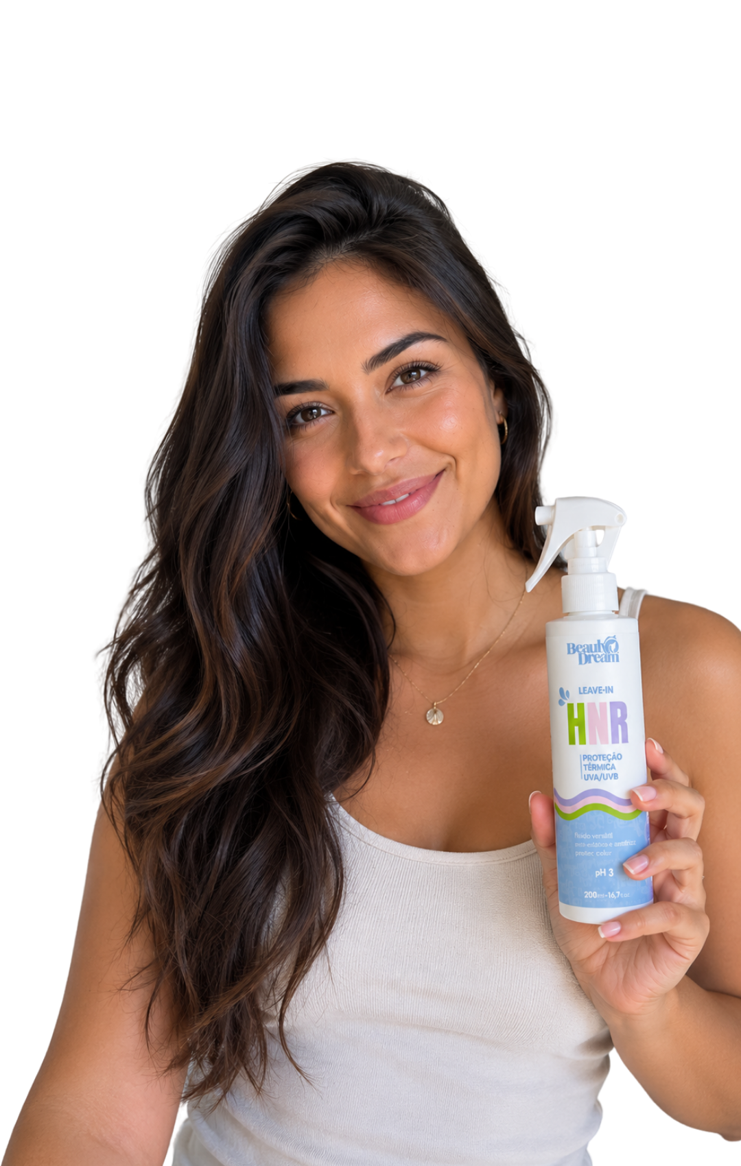 Mulher sorrindo com cabelos longos e brilhantes segurando o frasco do Leave-in HNR da Beauty Dream