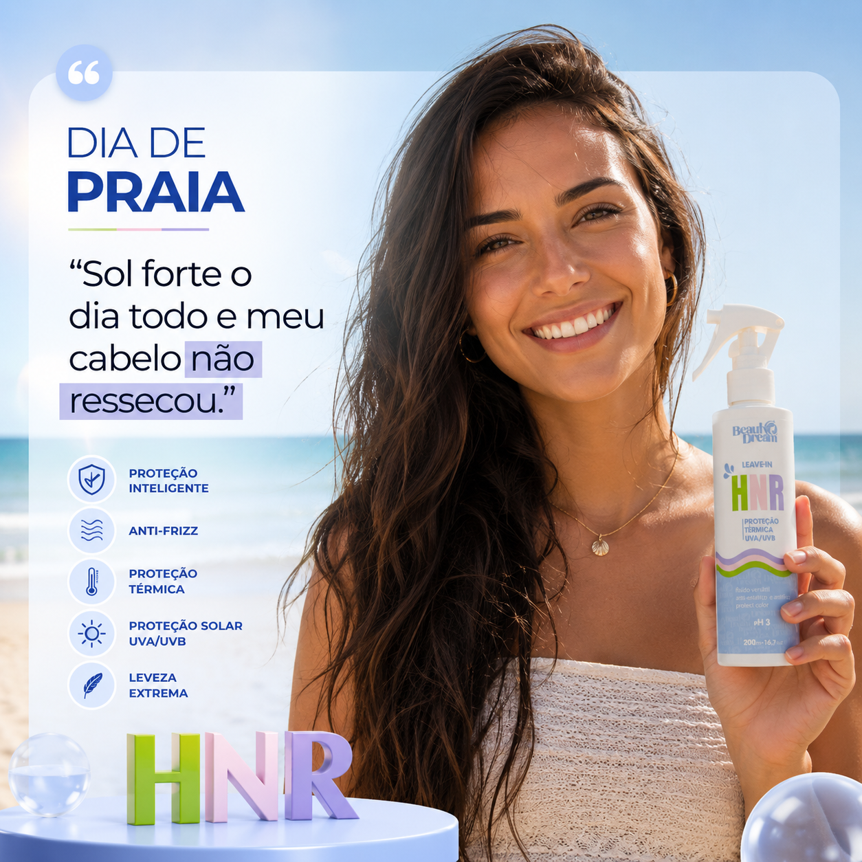 Cliente usando o Leave-in HNR — Dia de praia