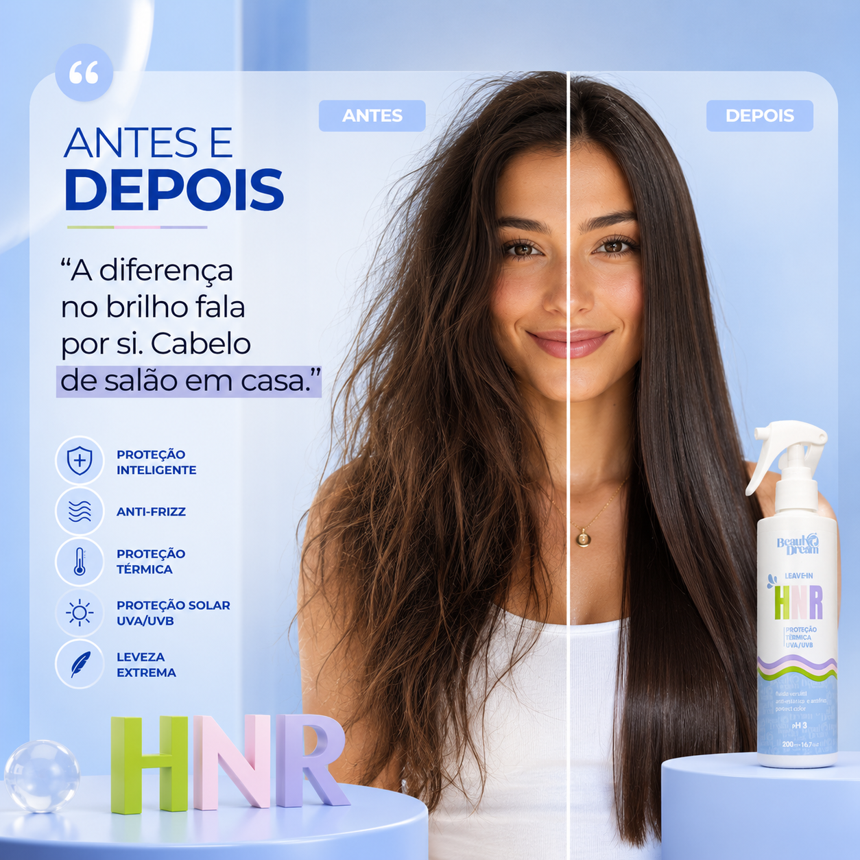Cliente usando o Leave-in HNR — Antes e depois